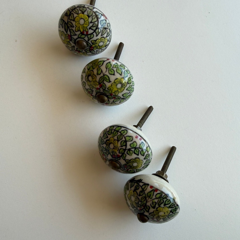 Set of 4 Hand Painted Ceramic Floral Drawer Knobs White Yellow Green Botanical